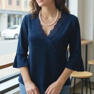 Amos Style Navy Blue Top Women's Sz M Velvet Type Edwardian Boho Retro Vintage